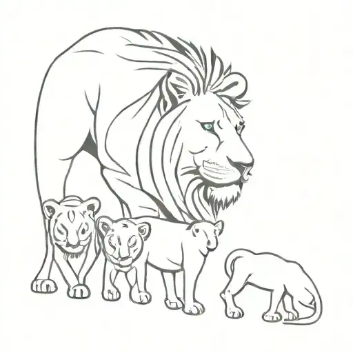 a lion with a lioness and 3 lion cubs tattoo design idea