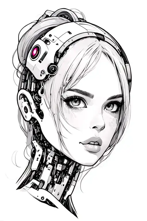 robotic woman face tattoo design idea