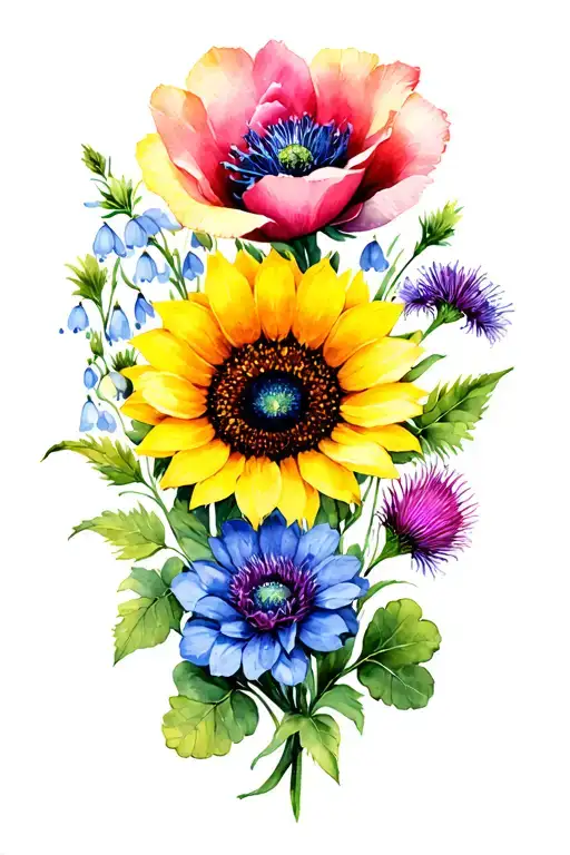 Tudor rose, sunflower, poppy, blue cornflower, thistle, harebell, Lilly of the valley, iris, chamomile, shamrock tattoo design idea