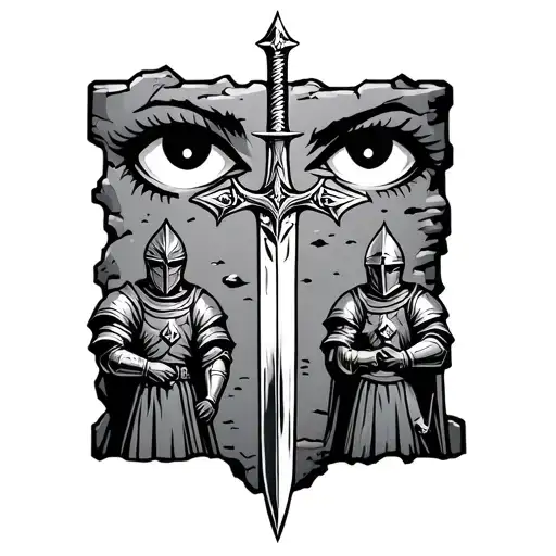 Excalibur embedded in a stone, with two knights in the background, and two eyes in the backdrop, as if watching over the tattoo design idea