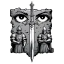 Excalibur embedded in a stone, with two knights in the background, and two eyes in the backdrop, as if watching over the tattoo design idea