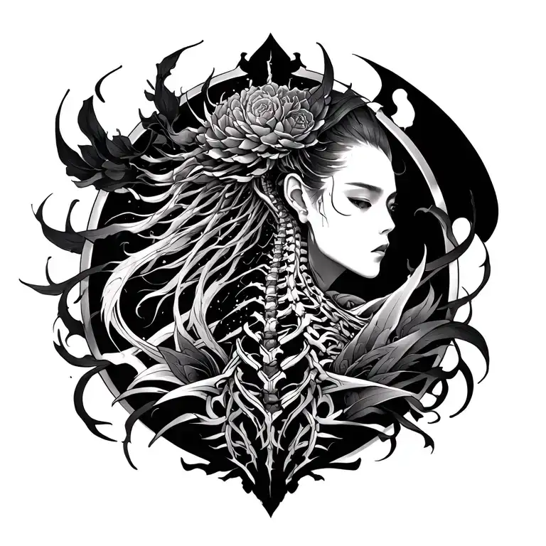 Cybersigilism as the base;Japanese elements integrated symmetrical fullback, spine highlighted; detailed and ornamental  tattoo design idea