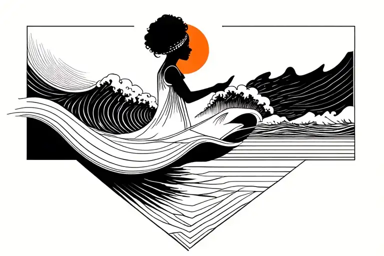 geometrical tattoo showing the girl with the surf in her hands the  separate abstract wave and a ponolisean sun tattoo design idea