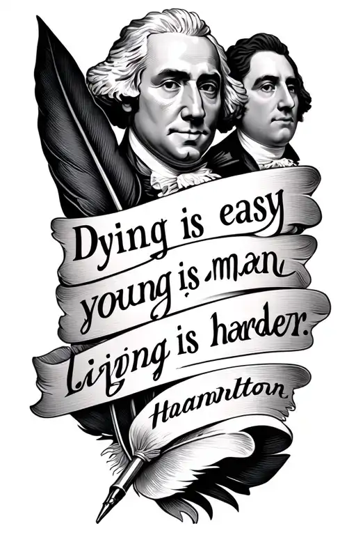 quill pen with Hamilton and Washington inside with the quote dying is easy young man living is harder tattoo design idea