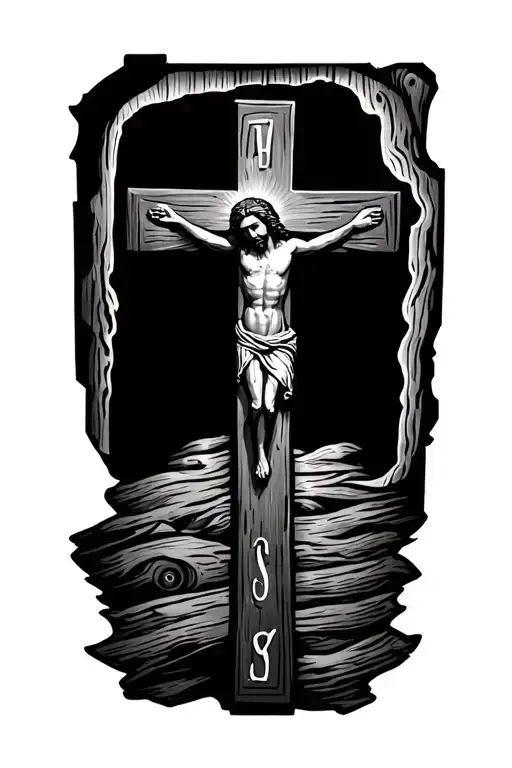 wooden cross with Jesus name inside cross section tattoo design idea