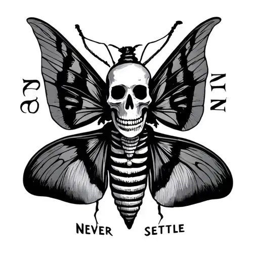 moth with a skeleton as the head with the letters never settle  tattoo design idea