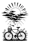 sun shining through dark clouds with a small vintage bicycle and small flowers and vines coming from the bike  tattoo design idea