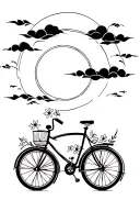 sun shining through dark clouds with a small vintage bicycle and small flowers and vines coming from the bike  tattoo design idea