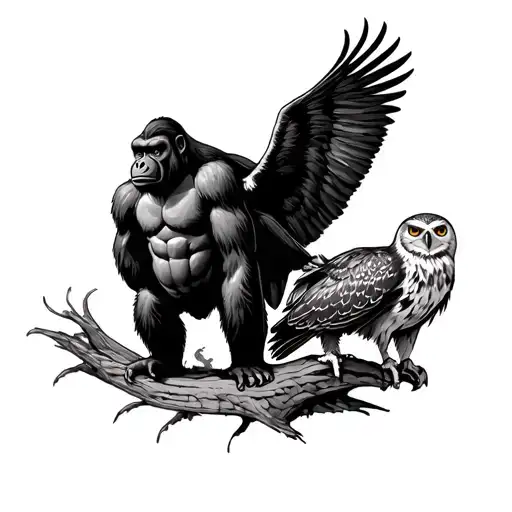 3 animals, a silverback gorilla, an eagle and a owl, all three connected  tattoo design idea