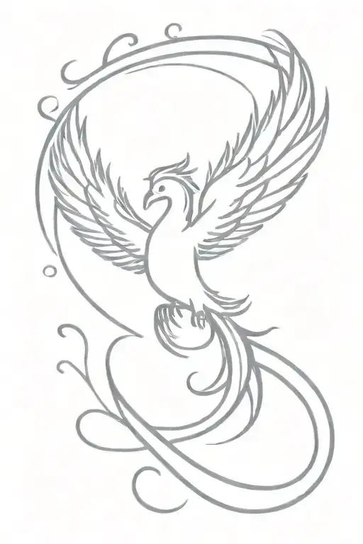 feminine phoenix rising wings spread long tail feathers  brush strokes tattoo design idea