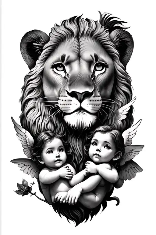Lioness And 6 cute cherubs tattoo design idea