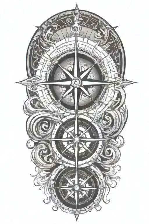 A stylized sun and compass merging together, surrounded by flowing water patterns, symbolizing the client's love for the ocean and navigation tattoo design idea