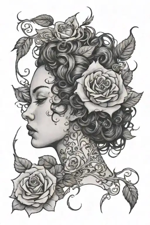 plus size woman with curly hair wrapped in rose vines and thorns wrapped tattoo design idea