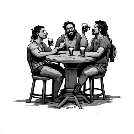 old mong drinking 3 friends in table mountain peak surrounded tattoo design idea