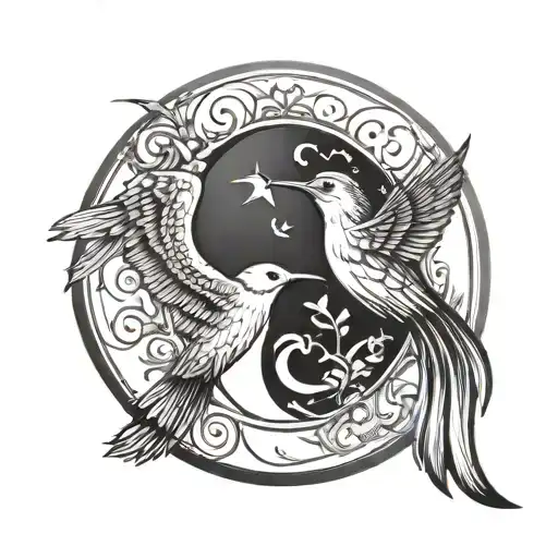 a yin yang symbol with the inside representing a gemini symbol. Also include a dove and a hummingbird tattoo design idea