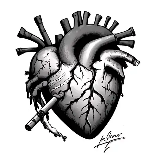 Broken heart with legs, arms, and a face. With some scars, bruises, and bandage. Looking unbothered, holding a sigaret.  tattoo design idea