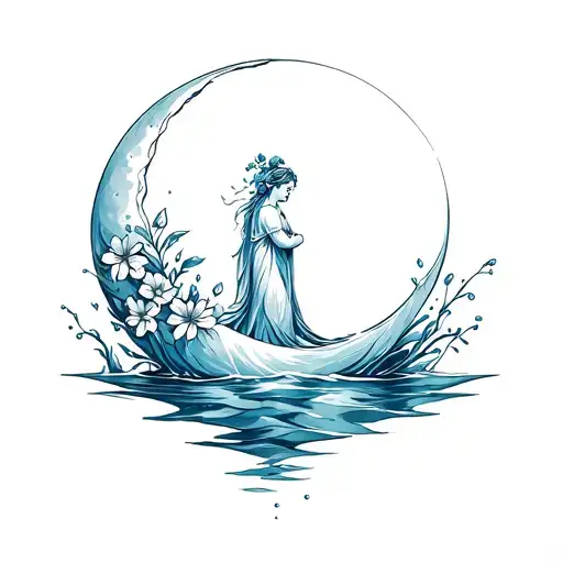 generate an image of a back tattoo with a moon made out of water with flowers throughout the water moon, and a goddess a tattoo design idea