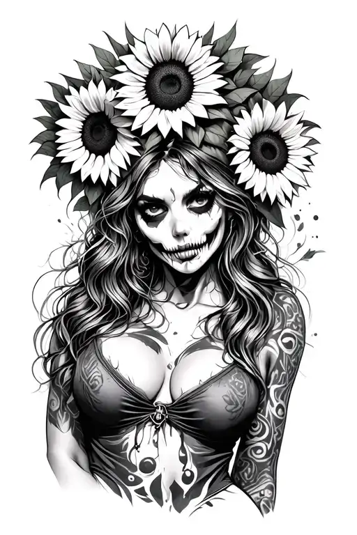sexy zombie pinup girl with sunflowers in her hair tattoo design idea