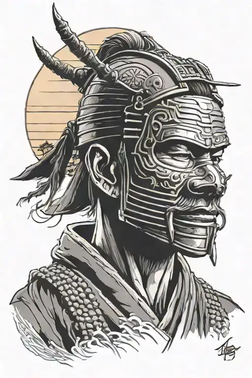 contemplative ronin wearing a traditional japanese mask head bowed with a setting sun tattoo design idea