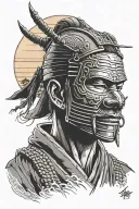contemplative ronin wearing a traditional japanese mask head bowed with a setting sun tattoo design idea