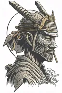 contemplative ronin wearing a traditional japanese mask head bowed with a setting sun tattoo design idea