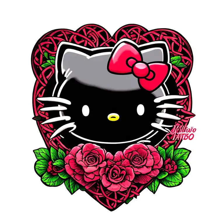 hello kitty with Celtic heart background representing the client's love tattoo design idea