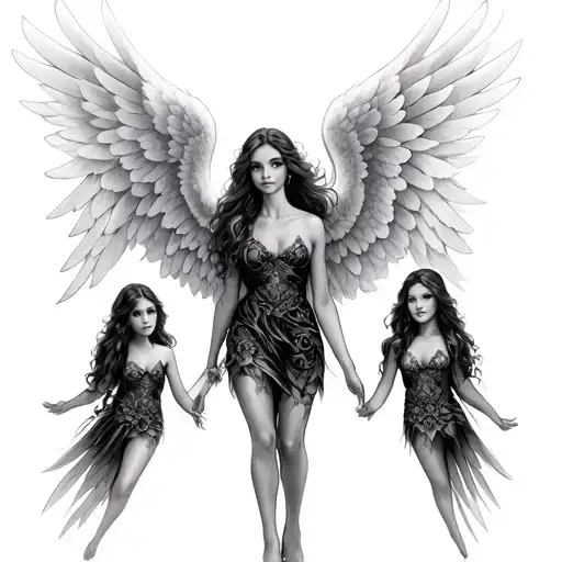 In memory of my daughter Kaylee with wings protecting over her older sisters Cassandra and Ashley tattoo design idea