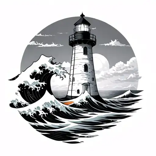lighthouse in traditional style but thinner line and black and grey, with a japanese wave in one side of the lighthouse  tattoo design idea