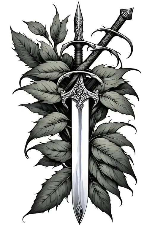 sword and spear crossinf over each other with lentil leaves growing tattoo design idea