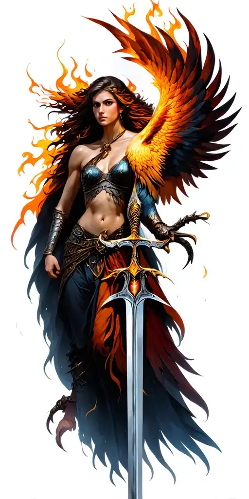 phoenix, flames, valkyrie warrior woman, sword intertwined tattoo design idea