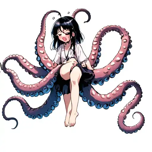 The tentacles are holding the anime girl in air, trying to spread her legs. The girl looks down with wide eyes blushing. tattoo design idea