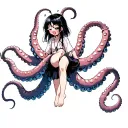 The tentacles are holding the anime girl in air, trying to spread her legs. The girl looks down with wide eyes blushing. tattoo design idea