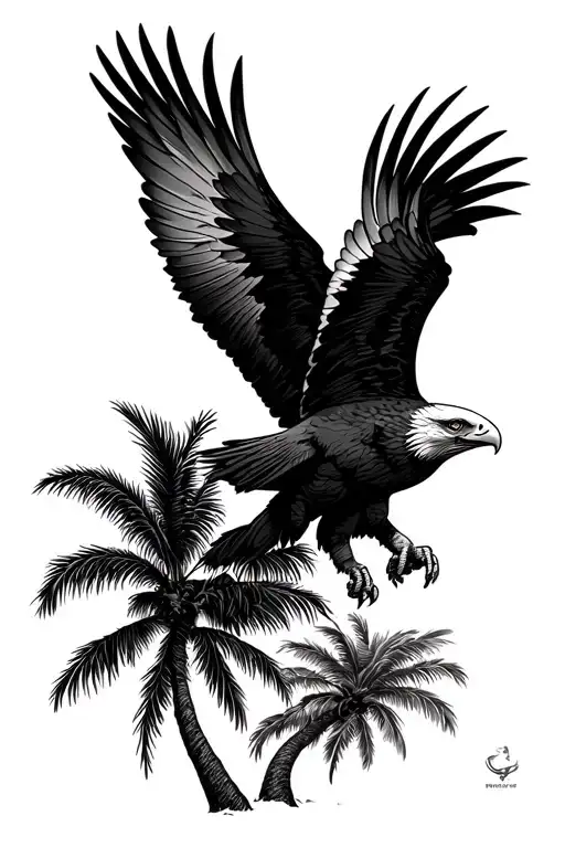 palm trees with eagle soaring tattoo design idea