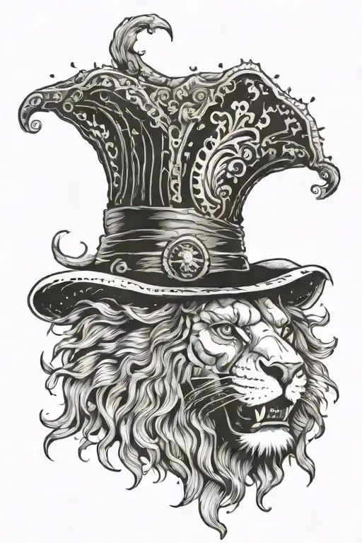 anthropomorphic necromancer lion in a jester's hat tattoo design idea
