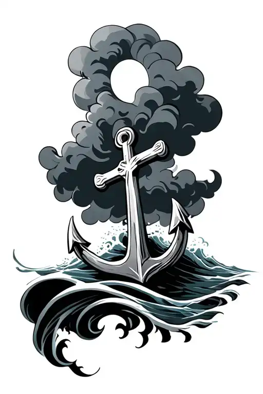 anchor, cross, waves, clouds surrounding tattoo design idea