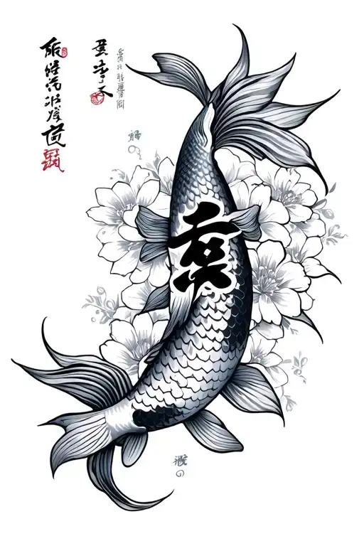 words "family is everything" in Chinese symbols along with koi fish and floral tattoo design idea
