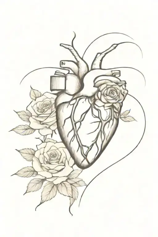 Minimal Thin Drawing Lines Black And White Watercolor Anatomic Heart With Roses and Flowers and death moth tattoo design idea