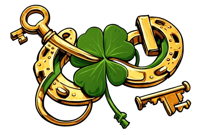 a four leaf clover in the middle. a gold key on one side and gold horseshoe on other side tattoo design idea