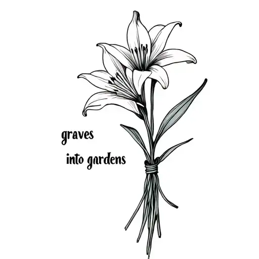 2 small lilies tied in a boquet with the words "graves into gardens"  tattoo design idea