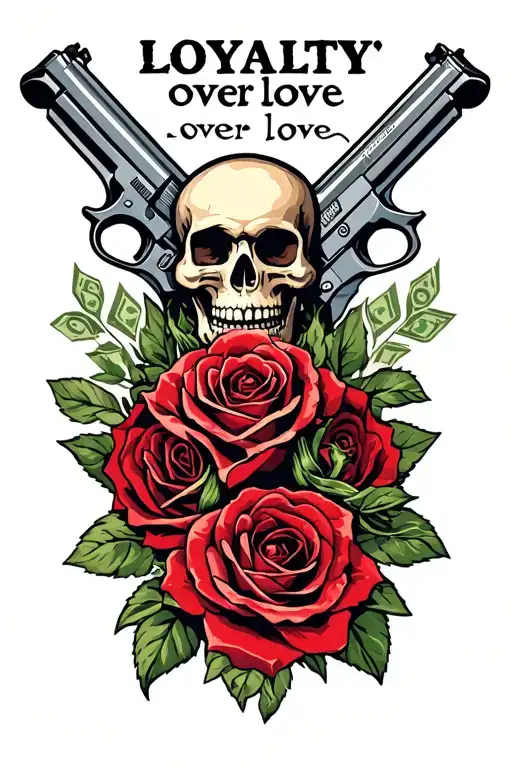 "Loyalty over love " skulls n roses guns money drugs tattoo design idea