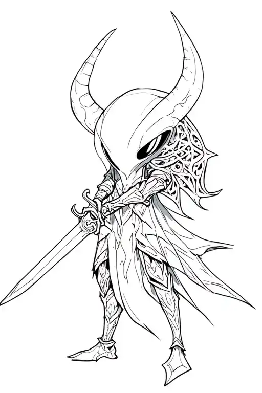 hollow knight holding a sword, mystical patterns inspired tattoo design idea