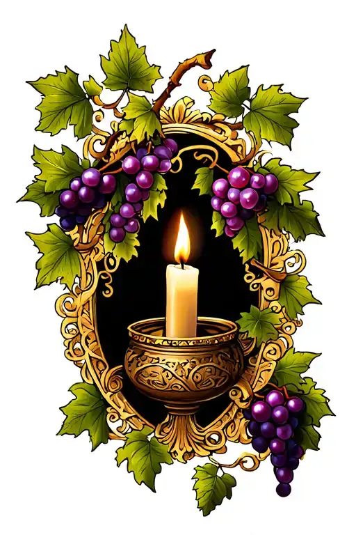 candle burning with vines and grapes gold filigree tattoo design idea