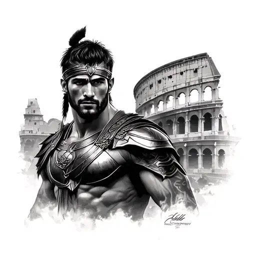 Andy Whitfield as Spartacus and the coloseum half sleve template tattoo design idea