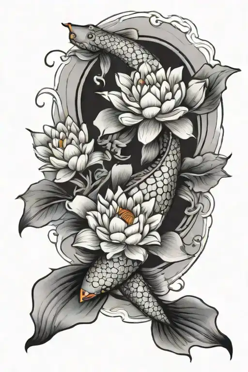 Upward Koi fish with lotus flowers blooming tattoo design idea