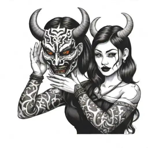 Beautiful women with a darker twist, showing a hand holding up a half an oni mask  tattoo design idea
