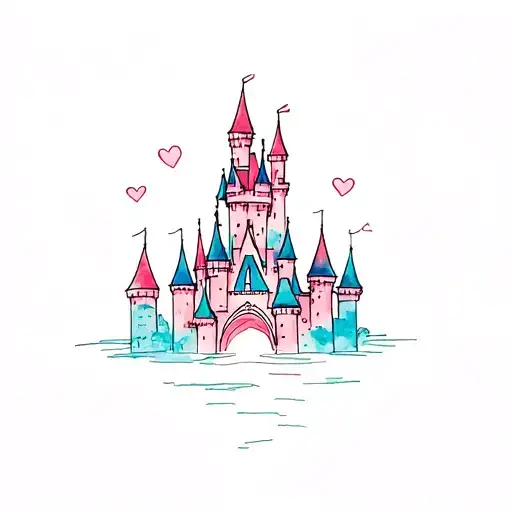 dainty disney castle tattoo with a little bit of color tattoo design idea