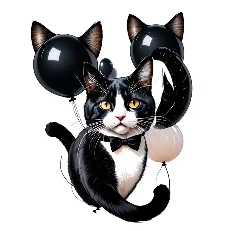 tuxedo cat floating with black balloons floating tattoo design idea