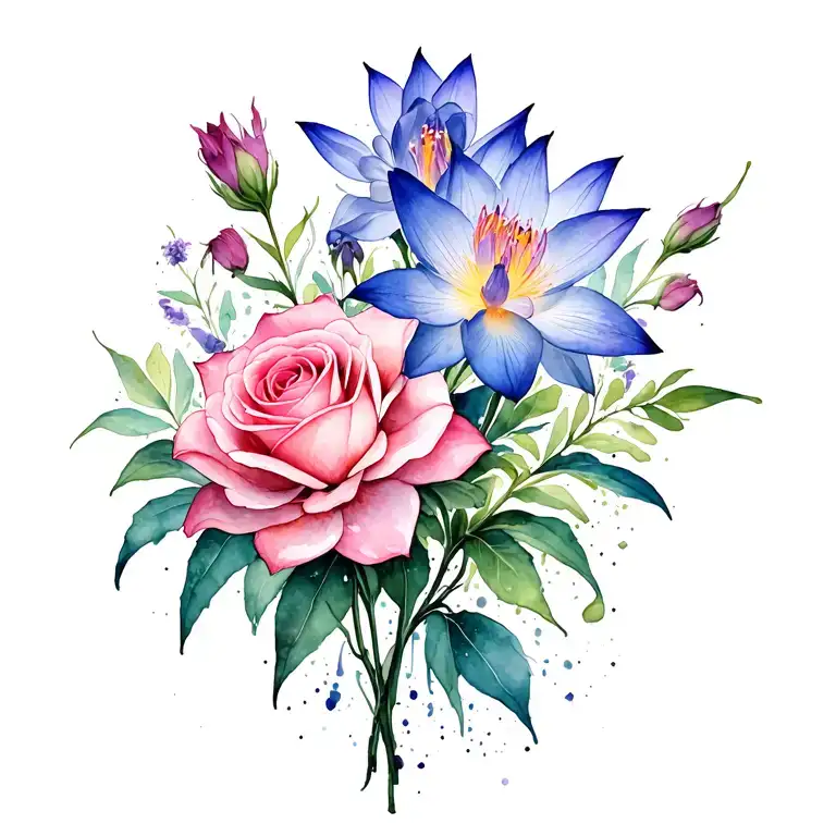 flower arrangement of pink roses, gladiolus flower, blue star flowers, and lotus flower tattoo design idea