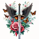 wings with sword and roses with a cancer ribbon and monarch butterflies tattoo design idea