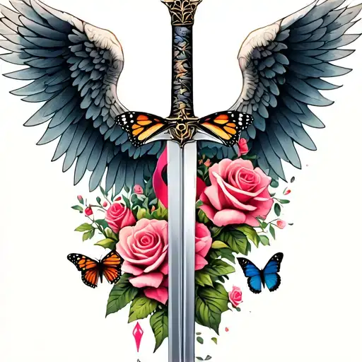 wings with sword and roses with a cancer ribbon and monarch butterflies tattoo design idea